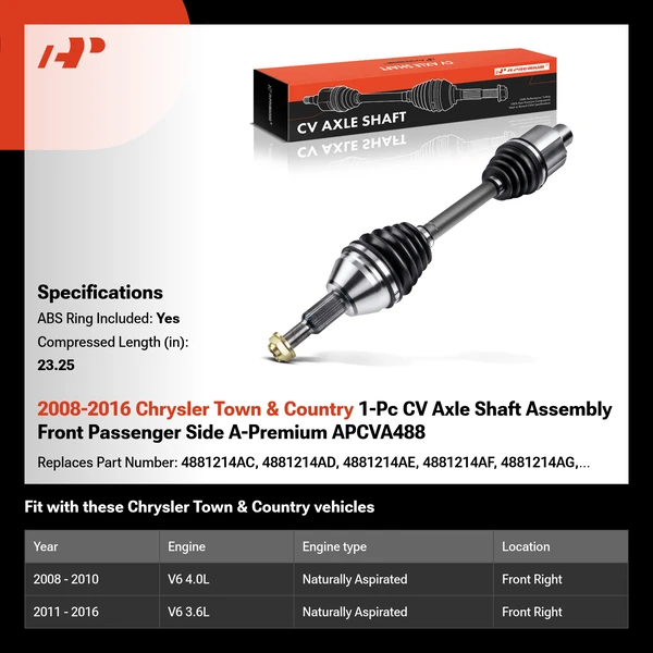 2008-2016 Chrysler Town & Country 1-Pc CV Axle Shaft Assembly Front Passenger Side A-Premium APCVA488