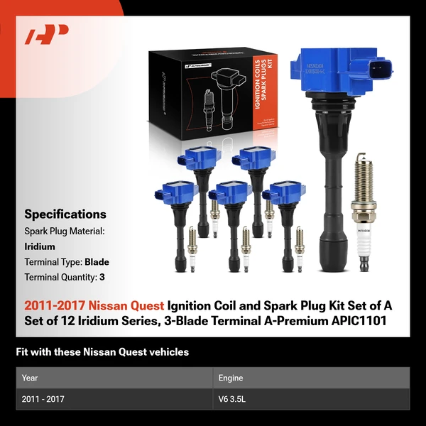 2011-2017 Nissan Quest Ignition Coil and Spark Plug Kit Set of A Set of 12 Iridium Series, 3-Blade Terminal A-Premium APIC1101