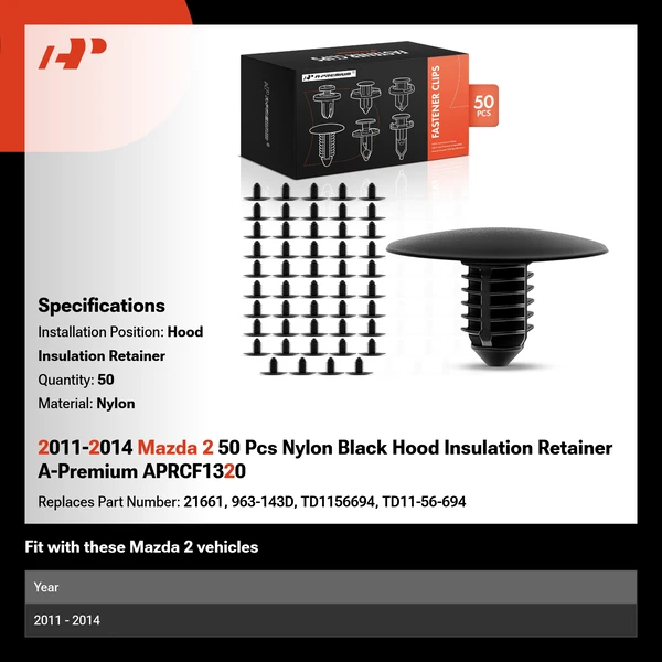 2011-2014 Mazda 2 50 Pcs Nylon Black Hood Insulation Retainer A-Premium APRCF1320