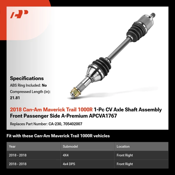 2018 Can-Am Maverick Trail 1000R 1-Pc CV Axle Shaft Assembly Front Passenger Side A-Premium APCVA1767