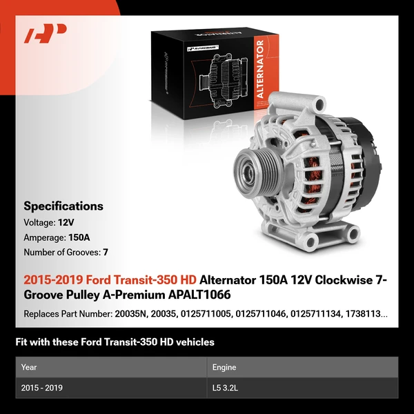 2015-2019 Ford Transit-350 HD Alternator 150A 12V Clockwise 7-Groove Pulley A-Premium APALT1066