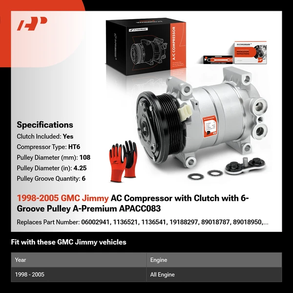 1998-2005 GMC Jimmy AC Compressor with Clutch with 6-Groove Pulley A-Premium APACC083