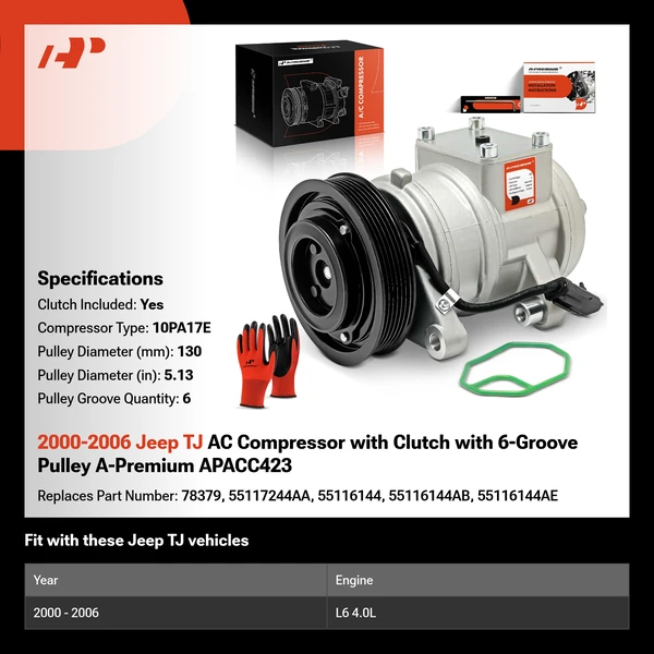 2000-2006 Jeep TJ AC Compressor with Clutch with 6-Groove Pulley A-Premium APACC423