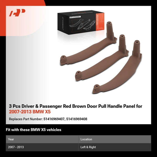 3 Pcs Driver & Passenger Red Brown Door Pull Handle Panel for 2007-2013 BMW X5