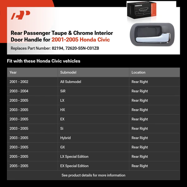 Rear Passenger Taupe & Chrome Interior Door Handle for 2001-2005 Honda Civic
