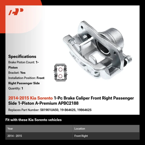 2014-2015 Kia Sorento 1-Pc Brake Caliper Front Right Passenger Side 1-Piston A-Premium APBC2188