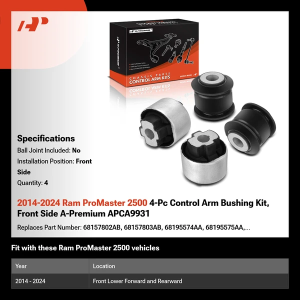 2014-2024 Ram ProMaster 2500 4-Pc Control Arm Bushing Kit, Front Side A-Premium APCA9931