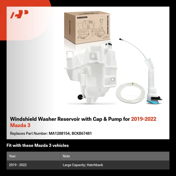 Windshield Washer Reservoir with Cap & Pump for 2019-2022 Mazda 3