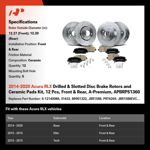 2014-2020 Acura RLX Drilled & Slotted Disc Brake Rotors and Ceramic Pads Kit, 12 Pcs, Front & Rear, A-Premium, APBRPS1360