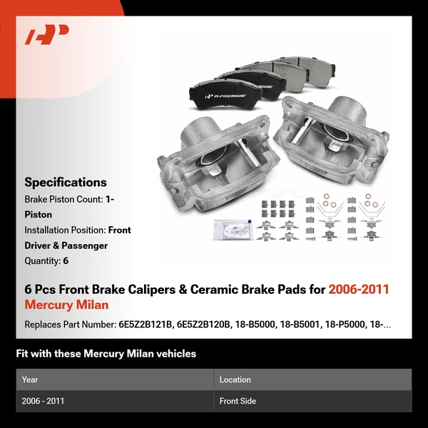 6 Pcs Front Brake Calipers & Ceramic Brake Pads for 2006-2011 Mercury Milan