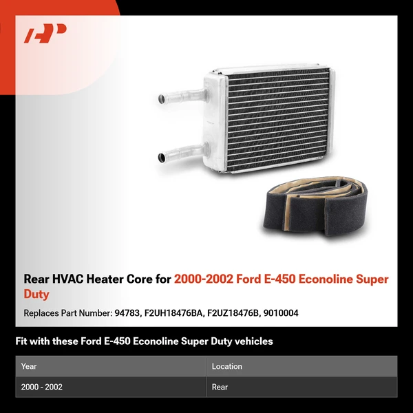 Rear HVAC Heater Core for 2000-2002 Ford E-450 Econoline Super Duty