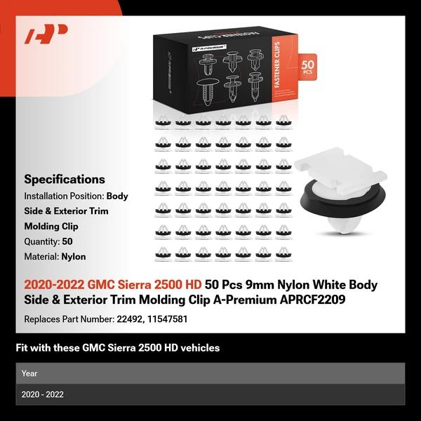 2020-2022 GMC Sierra 2500 HD 50 Pcs 9mm Nylon White Body Side & Exterior Trim Molding Clip A-Premium APRCF2209