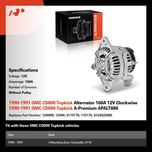 1990-1991 GMC C5000 Topkick Alternator 160A 12V Clockwise 1990-1991 GMC C5000 Topkick A-Premium APALT886