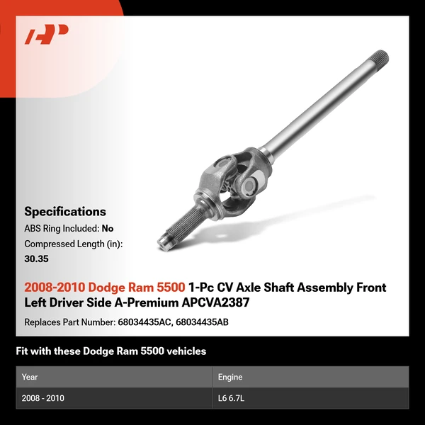 2008-2010 Dodge Ram 5500 1-Pc CV Axle Shaft Assembly Front Left Driver Side A-Premium APCVA2387