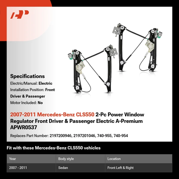 2007-2011 Mercedes-Benz CLS550 2-Pc Power Window Regulator Front Driver & Passenger Electric A-Premium APWR0537