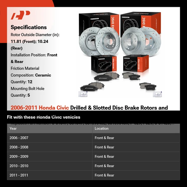2006-2011 Honda Civic Drilled & Slotted Disc Brake Rotors and Ceramic Pads Kit, 12 Pcs, Front & Rear, A-Premium, APBRPS697