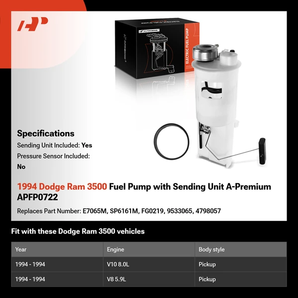 1994 Dodge Ram 3500 Fuel Pump with Sending Unit A-Premium APFP0722