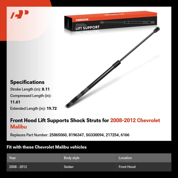 Front Hood Lift Supports Shock Struts for 2008-2012 Chevrolet Malibu