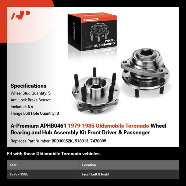 A-Premium APHB0461 1979-1985 Oldsmobile Toronado Wheel Bearing and Hub Assembly Kit Front Driver & Passenger
