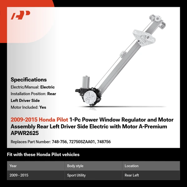 2009-2015 Honda Pilot 1-Pc Power Window Regulator and Motor Assembly Rear Left Driver Side Electric with Motor A-Premium APWR2625
