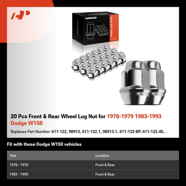 20 Pcs Front & Rear Wheel Lug Nut for 1978-1979 1983-1993 Dodge W150