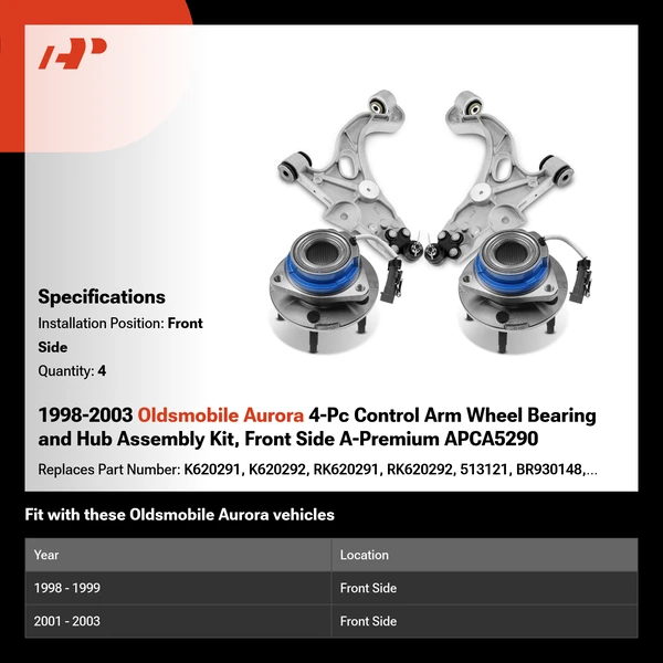 1998-2003 Oldsmobile Aurora 4-Pc Control Arm Wheel Bearing and Hub Assembly Kit, Front Side A-Premium APCA5290