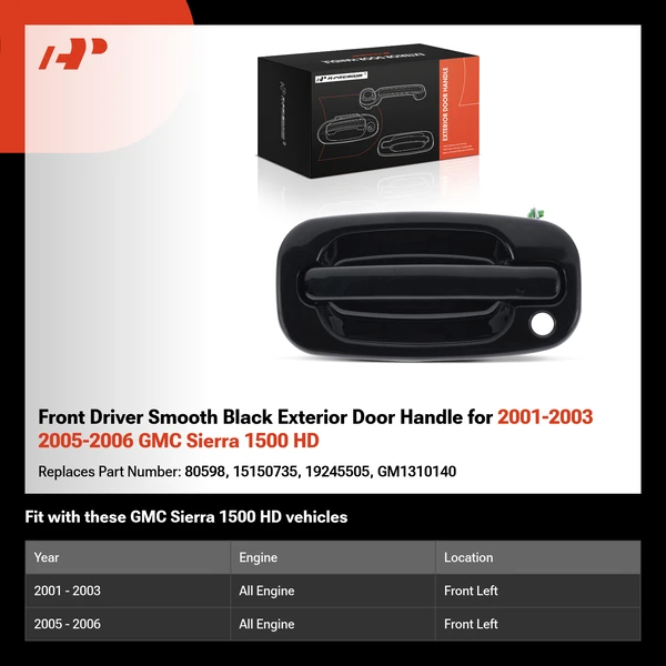 Front Driver Smooth Black Exterior Door Handle for 2001-2003 2005-2006 GMC Sierra 1500 HD