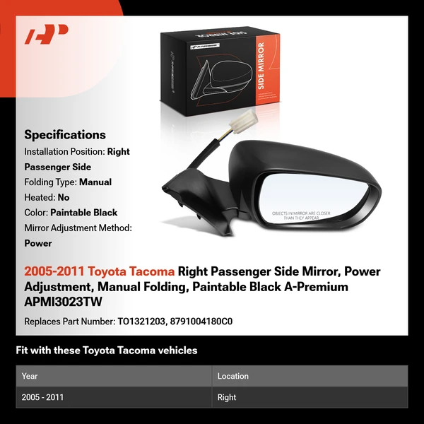 2005-2011 Toyota Tacoma Right Passenger Side Mirror, Power Adjustment, Manual Folding, Paintable Black A-Premium APMI3023TW