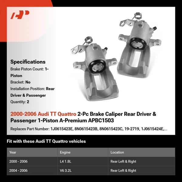 2000-2006 Audi TT Quattro 2-Pc Brake Caliper Rear Driver & Passenger 1-Piston A-Premium APBC1503