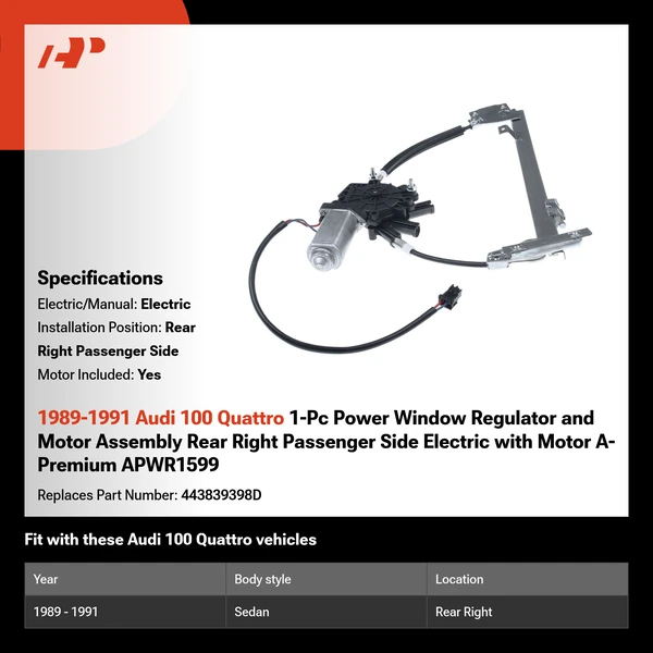 1989-1991 Audi 100 Quattro 1-Pc Power Window Regulator and Motor Assembly Rear Right Passenger Side Electric with Motor A-Premium APWR1599