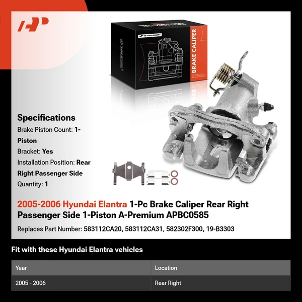 2005-2006 Hyundai Elantra 1-Pc Brake Caliper Rear Right Passenger Side 1-Piston A-Premium APBC0585
