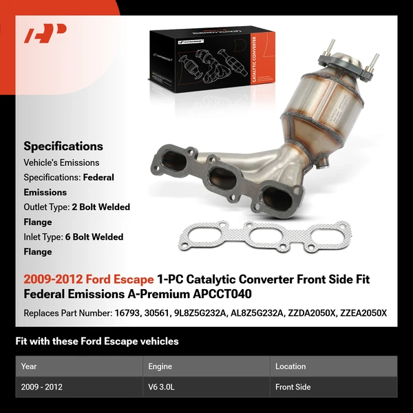 2009-2012 Ford Escape 1-PC Catalytic Converter Front Side Fit Federal Emissions A-Premium APCCT040