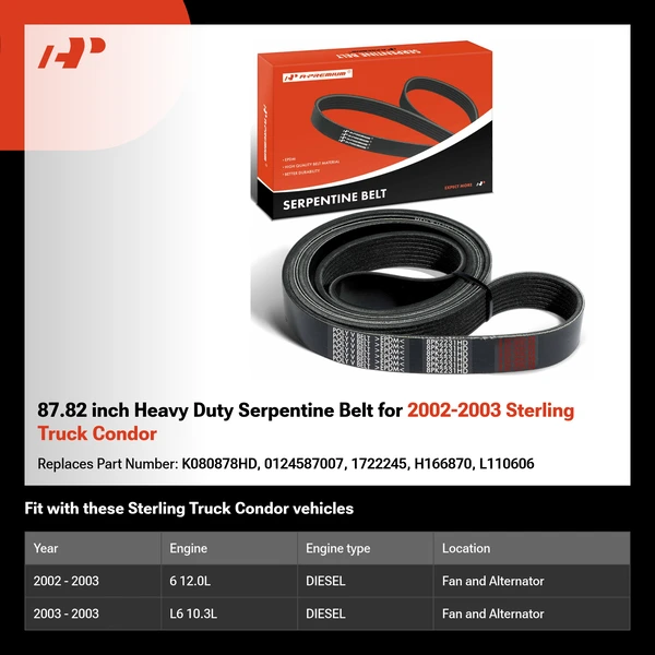 87.82 inch Heavy Duty Serpentine Belt for 2002-2003 Sterling Truck Condor