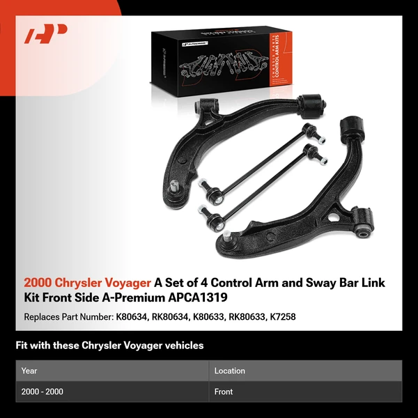 2000 Chrysler Voyager A Set of 4 Control Arm and Sway Bar Link Kit Front Side A-Premium APCA1319
