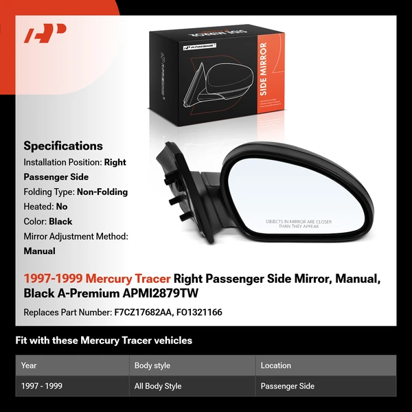 1997-1999 Mercury Tracer Right Passenger Side Mirror, Manual, Black A-Premium APMI2879TW