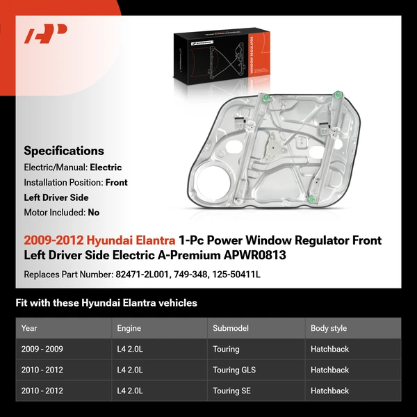 2009-2012 Hyundai Elantra 1-Pc Power Window Regulator Front Left Driver Side Electric A-Premium APWR0813