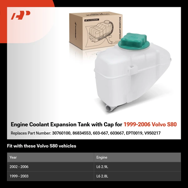 Engine Coolant Expansion Tank with Cap for 1999-2006 Volvo S80