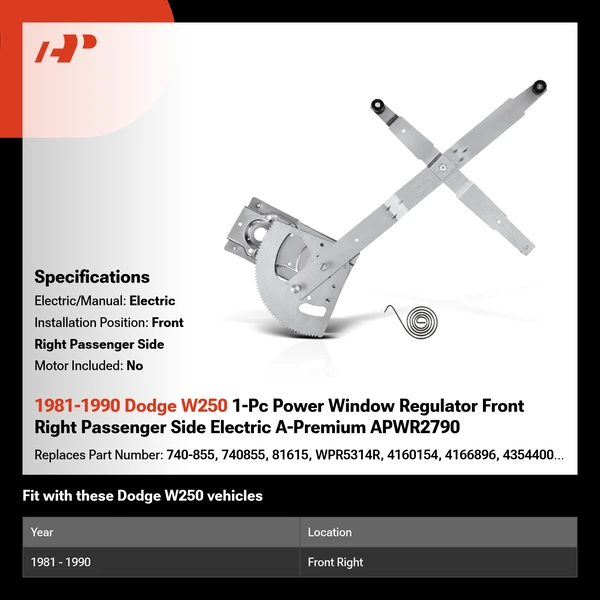 1981-1990 Dodge W250 1-Pc Power Window Regulator Front Right Passenger Side Electric A-Premium APWR2790