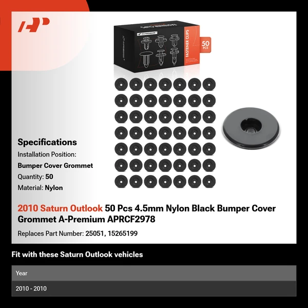 2010 Saturn Outlook 50 Pcs 4.5mm Nylon Black Bumper Cover Grommet A-Premium APRCF2978