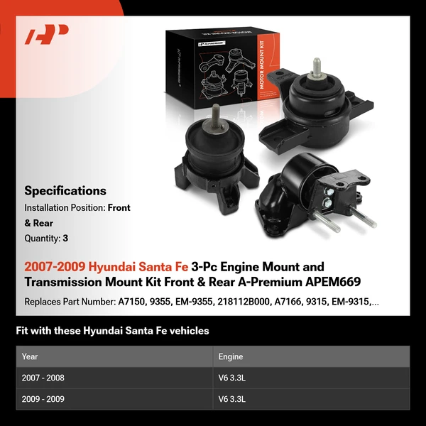 2007-2009 Hyundai Santa Fe 3-Pc Engine Mount and Transmission Mount Kit Front & Rear A-Premium APEM669
