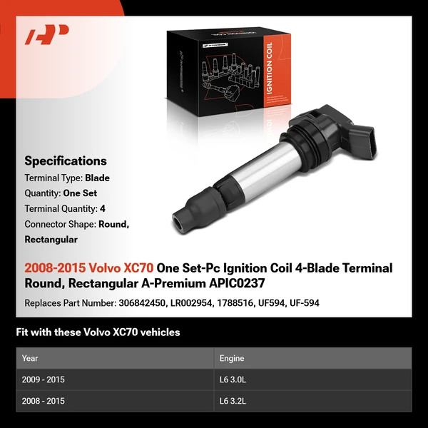 2008-2015 Volvo XC70 One Set-Pc Ignition Coil 4-Blade Terminal Round, Rectangular A-Premium APIC0237