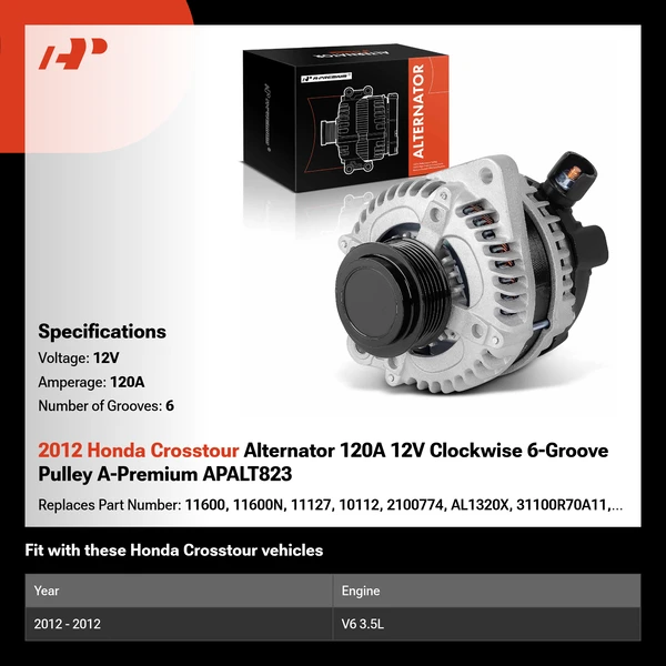2012 Honda Crosstour Alternator 120A 12V Clockwise 6-Groove Pulley A-Premium APALT823