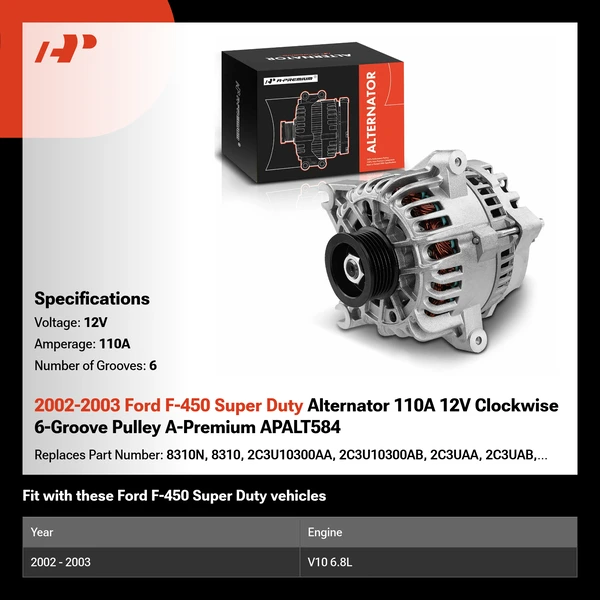 2002-2003 Ford F-450 Super Duty Alternator 110A 12V Clockwise 6-Groove Pulley A-Premium APALT584