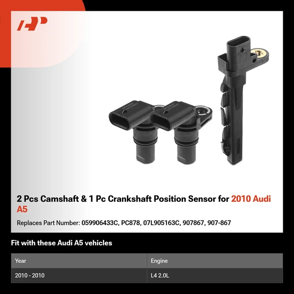 2 Pcs Camshaft & 1 Pc Crankshaft Position Sensor for 2010 Audi A5