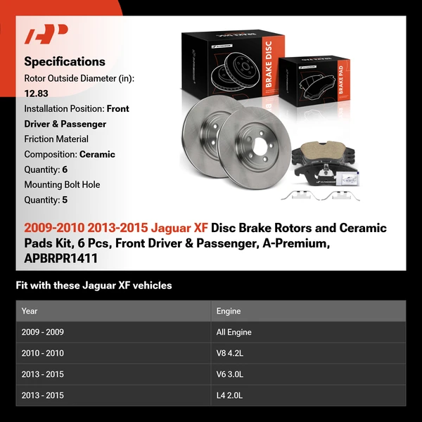 2009-2010 2013-2015 Jaguar XF Disc Brake Rotors and Ceramic Pads Kit, 6 Pcs, Front Driver & Passenger, A-Premium, APBRPR1411