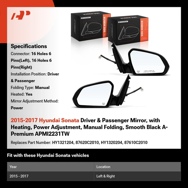 2015-2017 Hyundai Sonata Driver & Passenger Mirror, with Heating, Power Adjustment, Manual Folding, Smooth Black A-Premium APMI2231TW