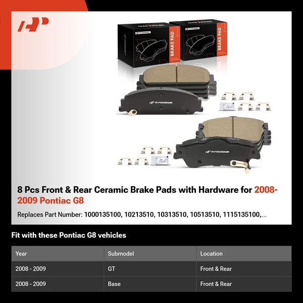 8 Pcs Front & Rear Ceramic Brake Pads with Hardware for 2008-2009 Pontiac G8