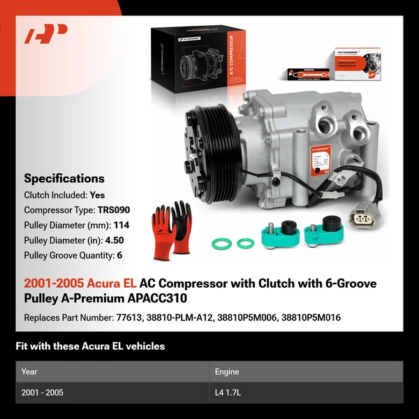 2001-2005 Acura EL AC Compressor with Clutch with 6-Groove Pulley A-Premium APACC310