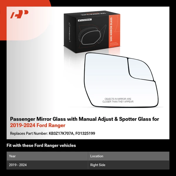 Passenger Mirror Glass with Manual Adjust & Spotter Glass for 2019-2024 Ford Ranger