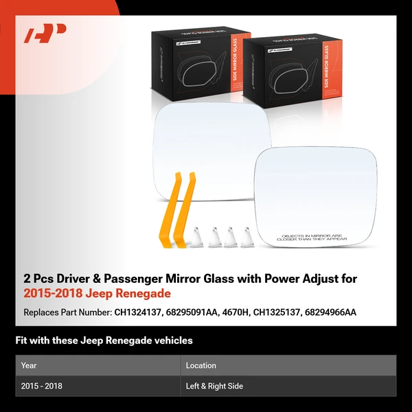 2 Pcs Driver & Passenger Mirror Glass with Power Adjust for 2015-2018 Jeep Renegade